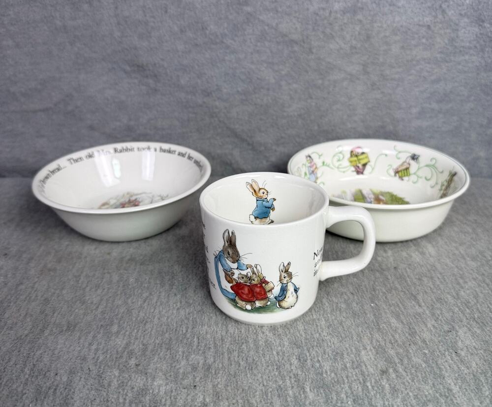 Wedgwood Peter Rabbit 3 Pc Childs Dish Set 2 Bowls Mug Beatrix Potter England